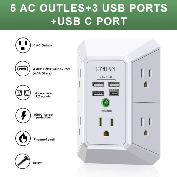 Wall Charger, Surge Protector, QINLIANF 5 Outlet Extender with 4 USB - Image 2